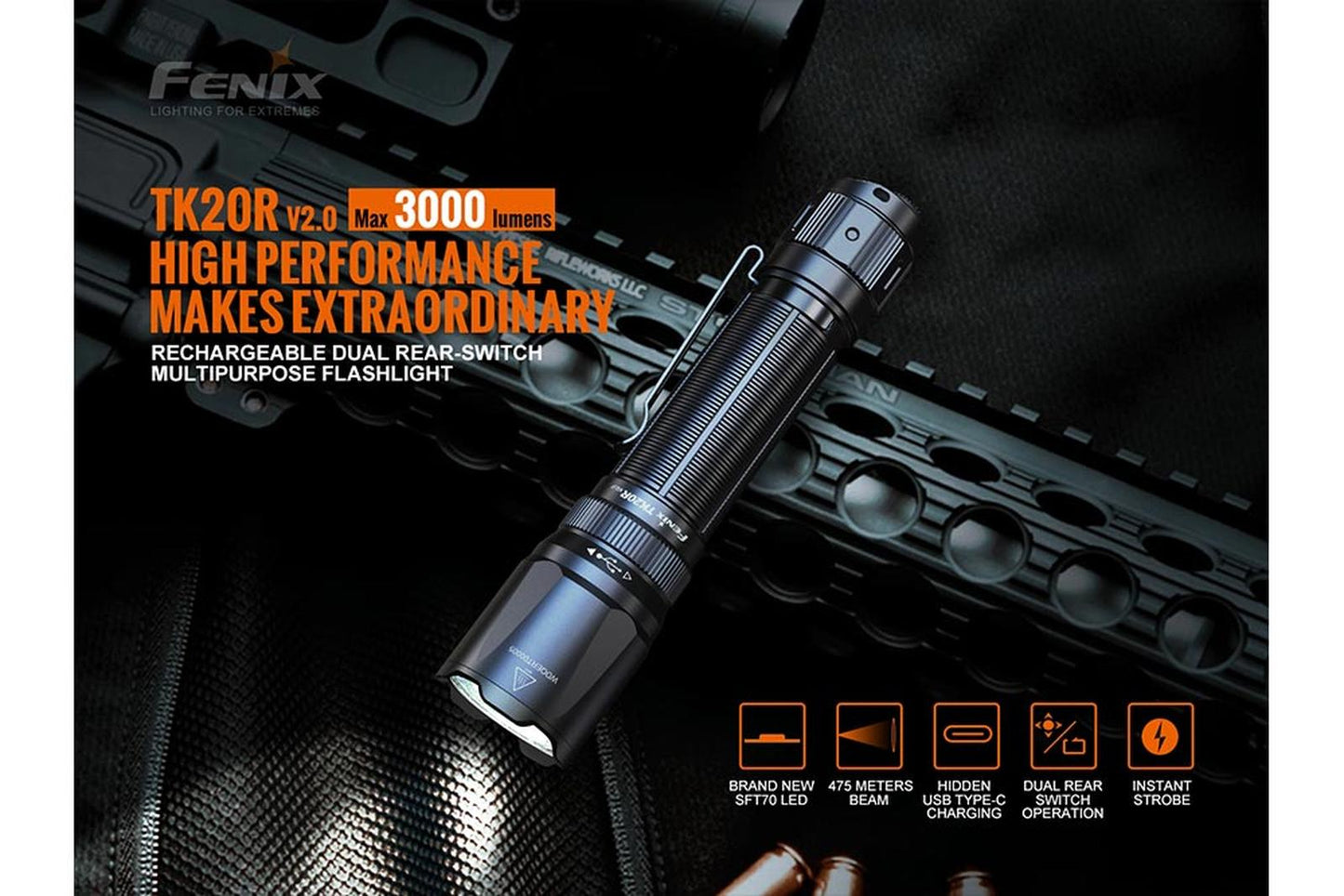 Fenix TK20R V2.0 Rechargeable Flashlight with FREE T5 Tactical Pen optional