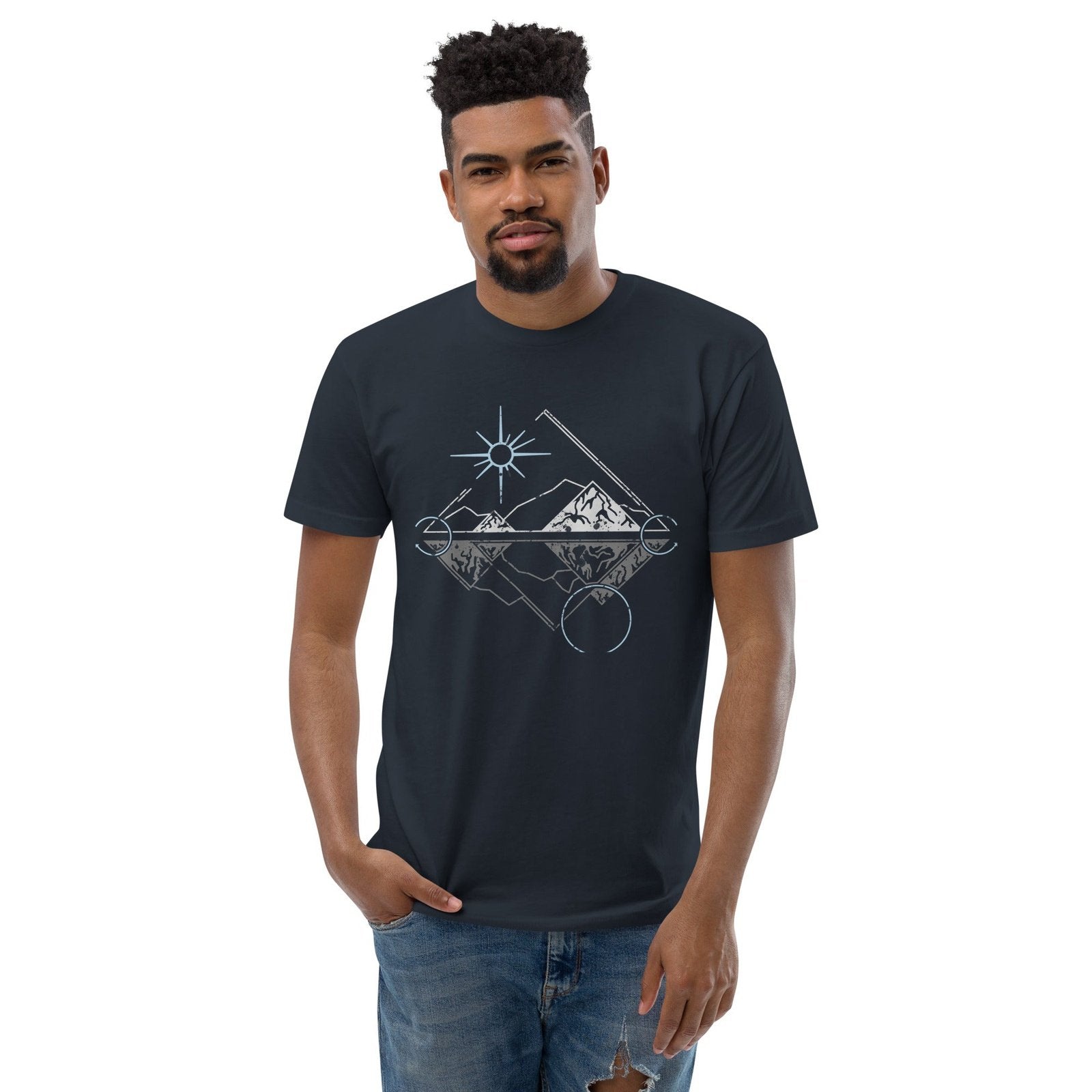 Geometric Sun and Moon Over Mountains Men's Fitted Short Sleeve T-shirt