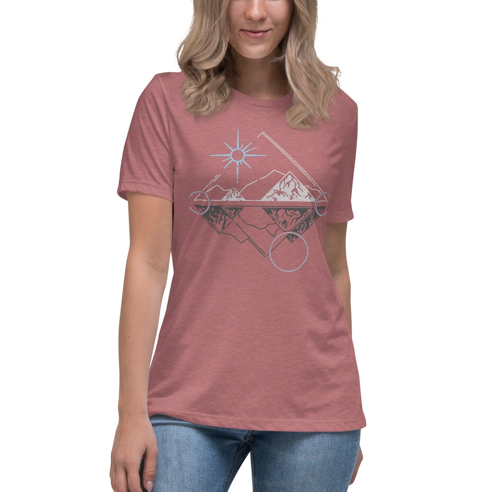 Geometric Sun and Moon Over Mountains Women's Relaxed T Shirt